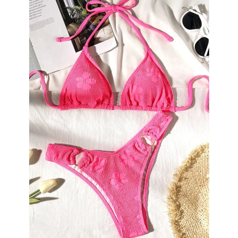 

2023 New Ring Lace Up Bikini Women Pleated Swimsuit Triangle Swimwear Halter Bathing Suit Female Bandage Beachwear Thong Biquini