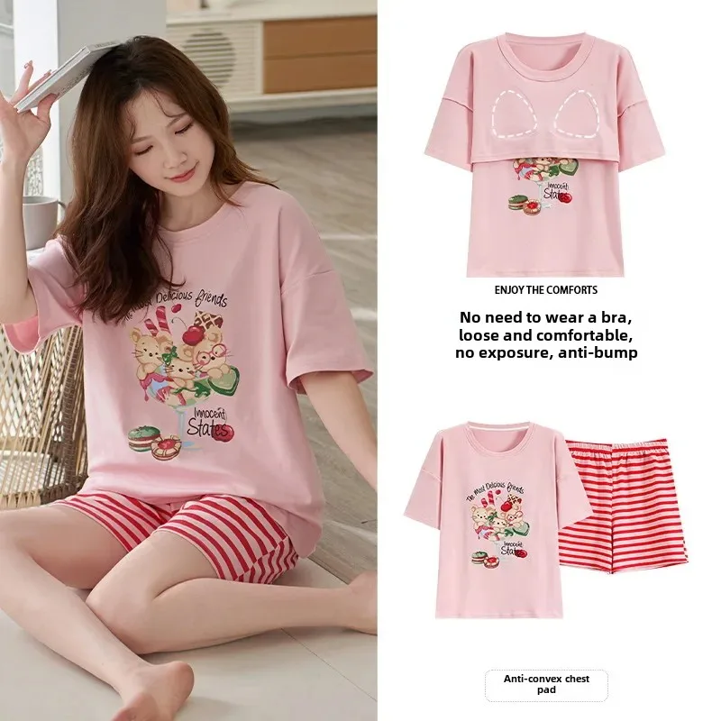 Женский летний хлопковый пижамный комплект с нагрудником и короткими рукавами