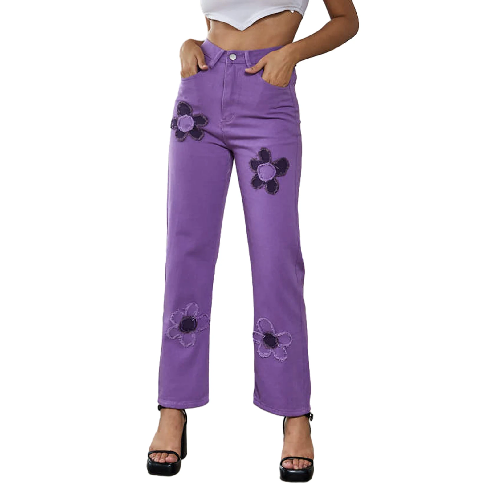 

Женские джинсы с высокой талией и цветочной вышивкой, облегающие брюки с потертостями и карманами, повседневные тренировочные брюки, брюки, повседневная Уличная одежда