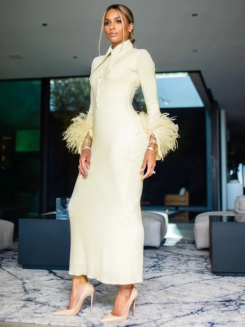 

Autumn Winter 2022 New Women'S Sexy Long Sleeve Stand Collar Feather Button Bandage Dress Bodycon Celebrity Club Party Dress