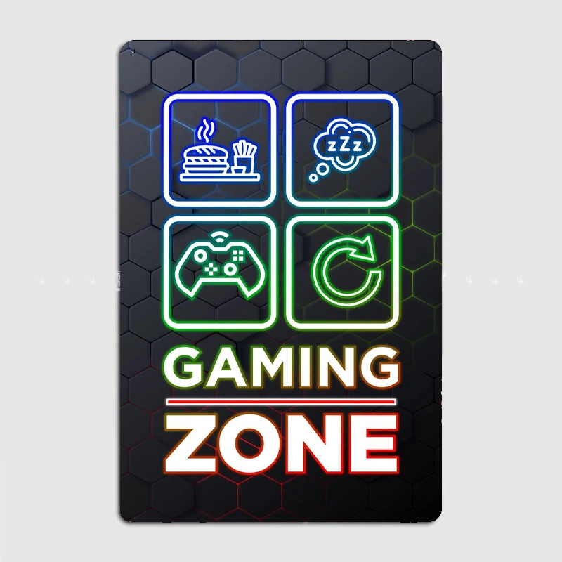 

Gaming Zone Neon Metal Plaque Poster Cinema Garage Bar Room Mural Painting Tin Sign Vintage Sheet Home Decoration