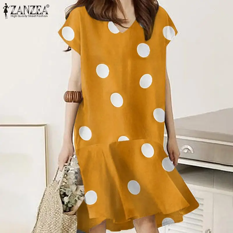 

Bohemia Ruffle Robe Fashion Women V Neck Short Sleeve Sundress ZANZEA Elegant Polka Dot Print Vestidos 2022 Holiday Party Dress