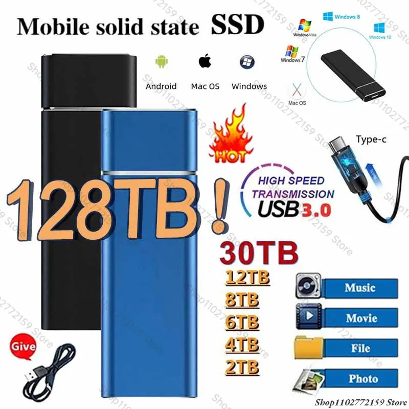 

Оригинальный Портативный SSD 128 ТБ 2 ТБ высокоскоростной накопитель USB 3,1 16 Тб внешний жесткий диск интерфейс для ноутбуков компьютеров ноутбуков