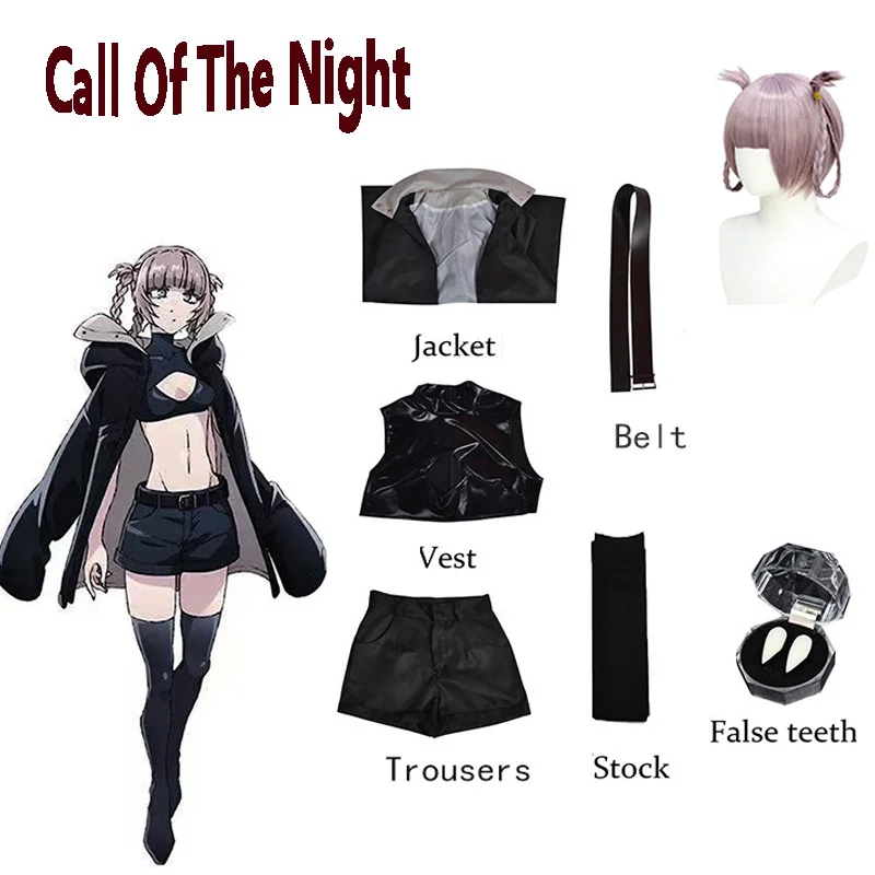 Купи Nanakusa Nazuna Cosplay Call of the Night Costume Wig Black Cloak Jacket Leather Vest Shorts Outfit Yofukashi No Uta Women за 791 рублей в магазине AliExpress