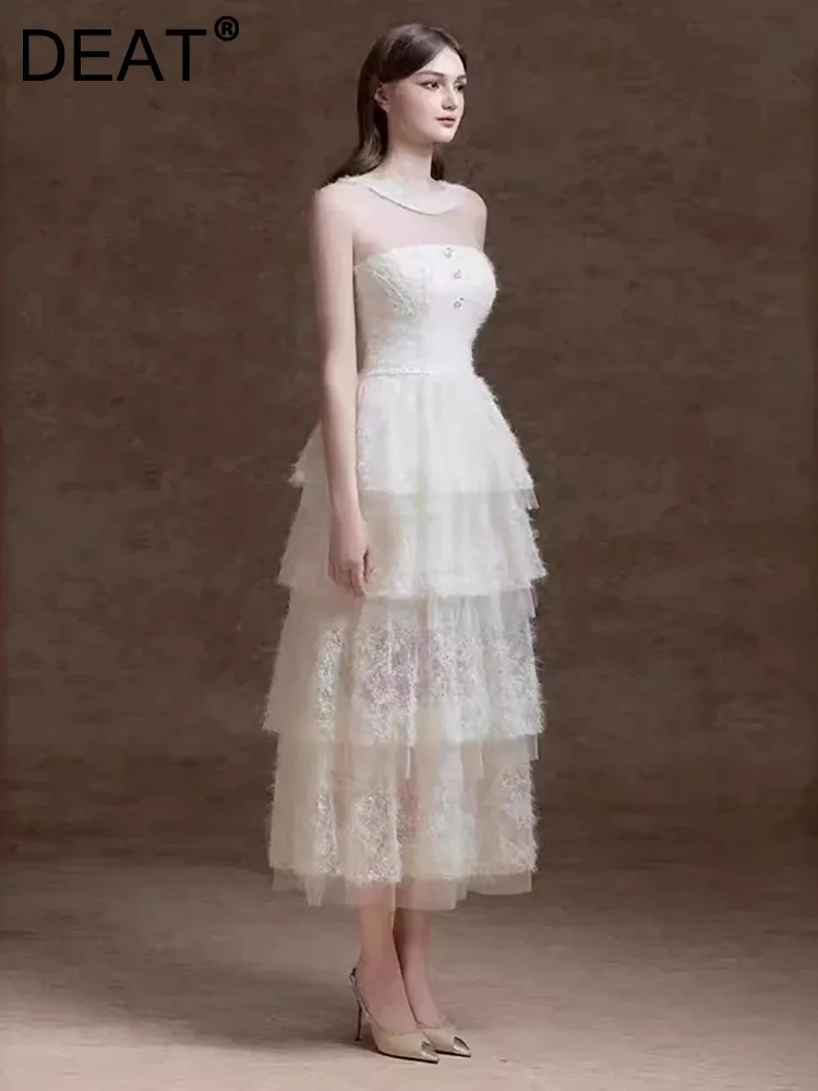 Женское платье без рукавов DEAT элегантное газовое с вышивкой круглым вырезом и