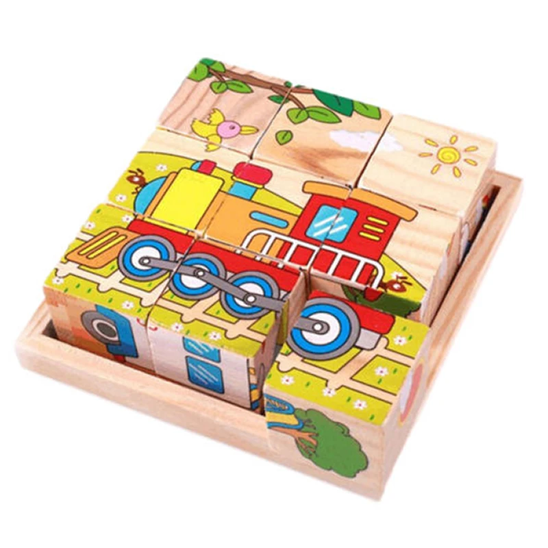 Nine Puzzle Six-sided 3D Jigsaw Board Cubes Puzzles Tray Wooden Storage Box Children Kids Educational Tangram Toys Accessories