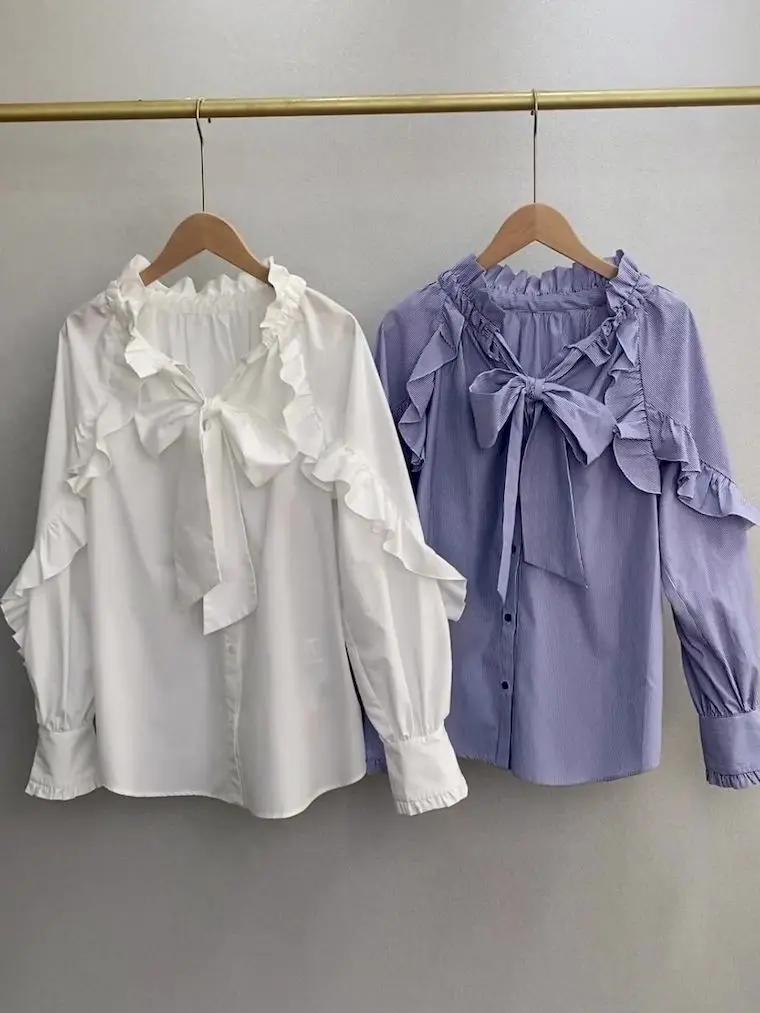 

iYunDo Ruffled Shirts Women Blouse Front and Back 2 Way Frill Bow Ladies Blouse Korean Fashion Spring Clothes Femme Blusas Mujer