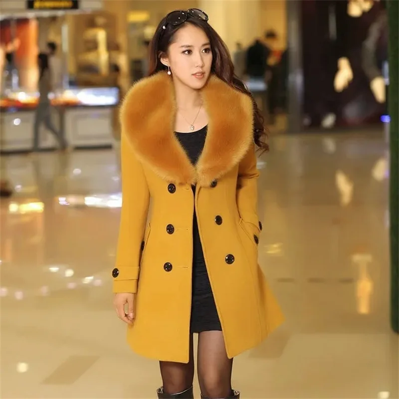 

Новинка 2023, модная зимняя куртка, женское двубортное короткое шерстяное пальто с меховым воротником, корейские облегающие Женские шерстяные куртки, верхняя одежда