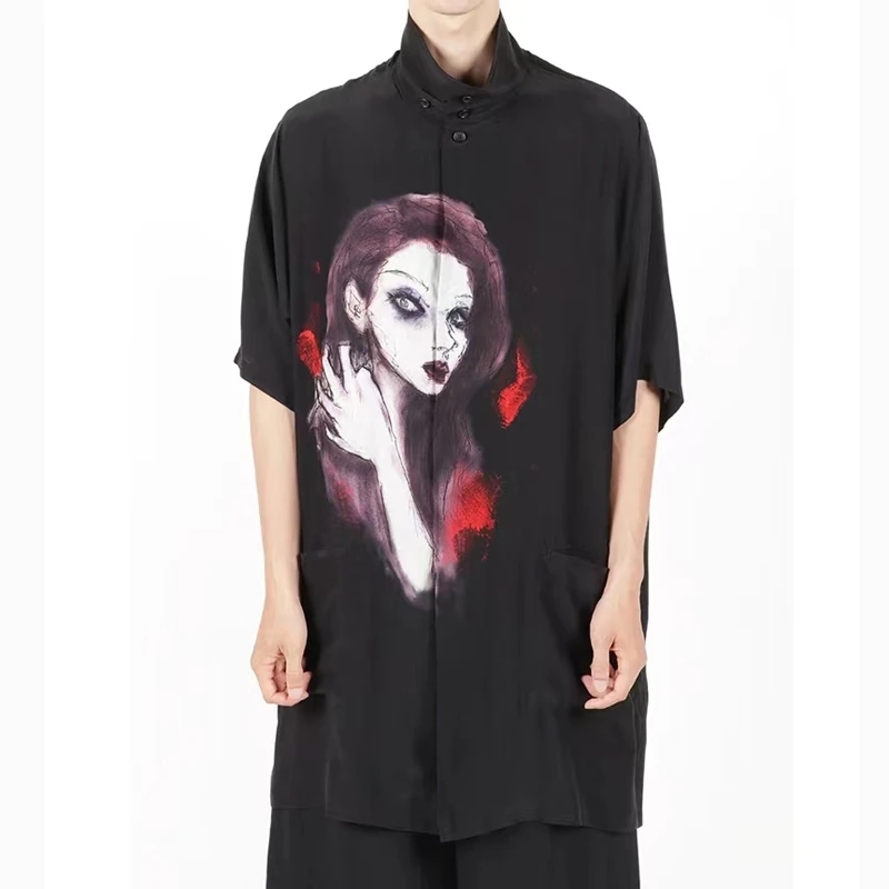 

Y-3 Yohji Yamamoto Men's Short Sleeve Shirt 2023 Summer New Japanese Y3 Dark Style Portrait Printing Silk Casual Tops For Women