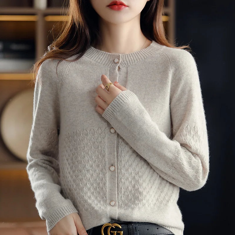 Женский кардиган из 100% шерсти с круглым вырезом новое вязаное ажурное пальто