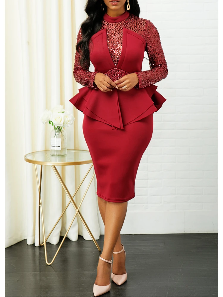

Sequin Patchwork Career Dress For Women High Collar Glitter Long Sleeve Ruffle Pencil Empire Mid-Length Office Work Clothing 5XL
