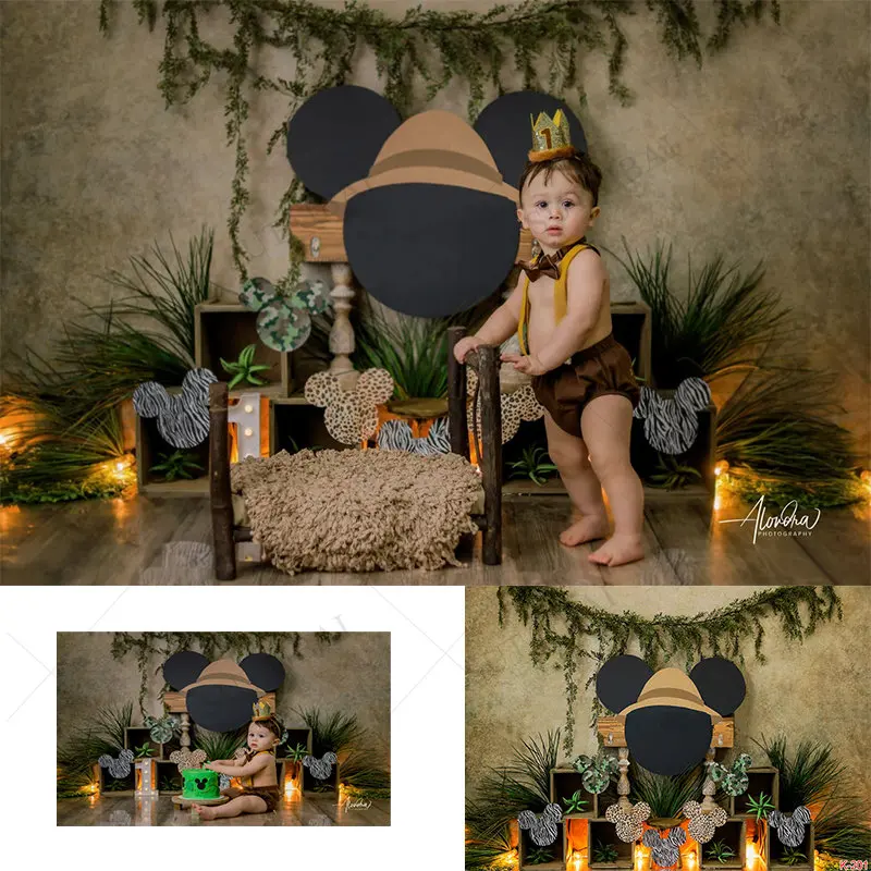 

Forest Safari Jungle Boys Birthday Party Backdrop Disney Mickey Minnie Animals Kids Wild One Photography Background Customized