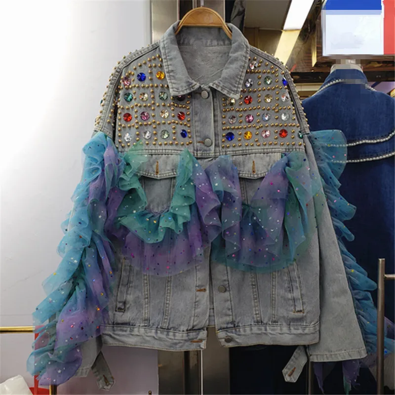 

Vintage Blue Rhinestones Rivet Denim Jacket Coat Women Streetwear Fashion Loose Casual Outwear Mesh Splicing Jeans Jacket Female