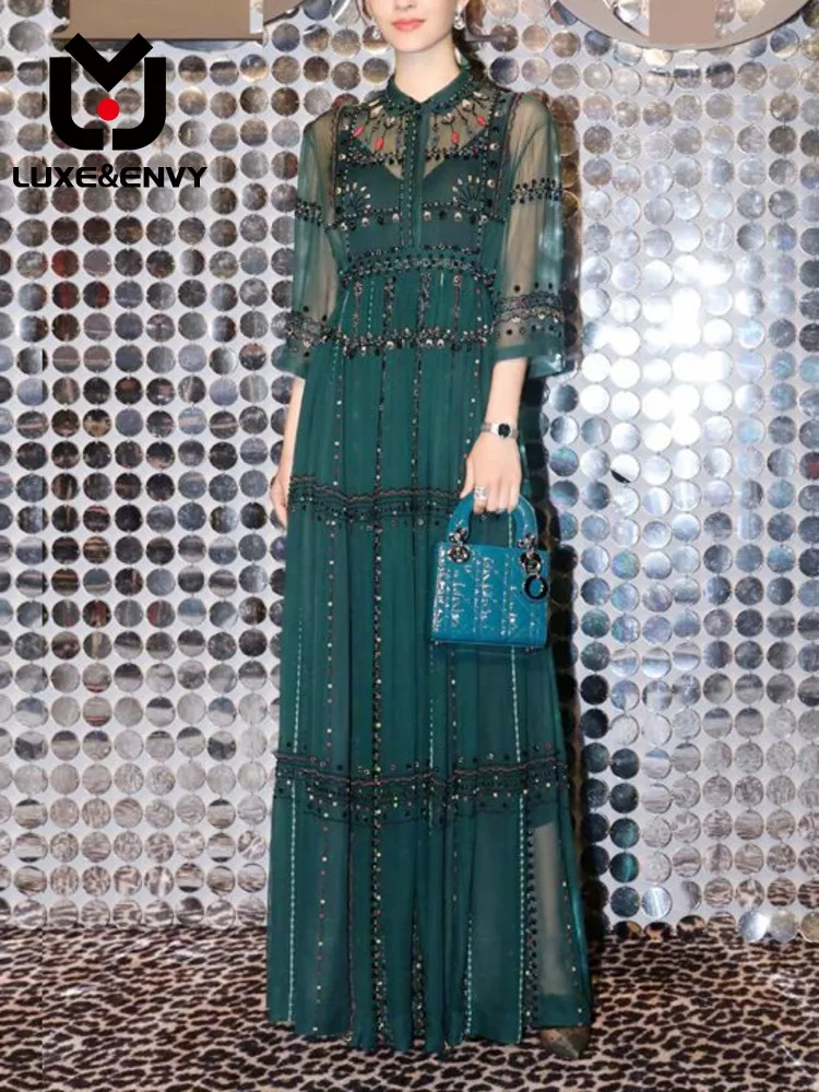 

LUXE&ENVY Mesh Embroidery Big Swing Long Dress 2023 Summer Women New Product Star Comes On Show With Heavy Industry