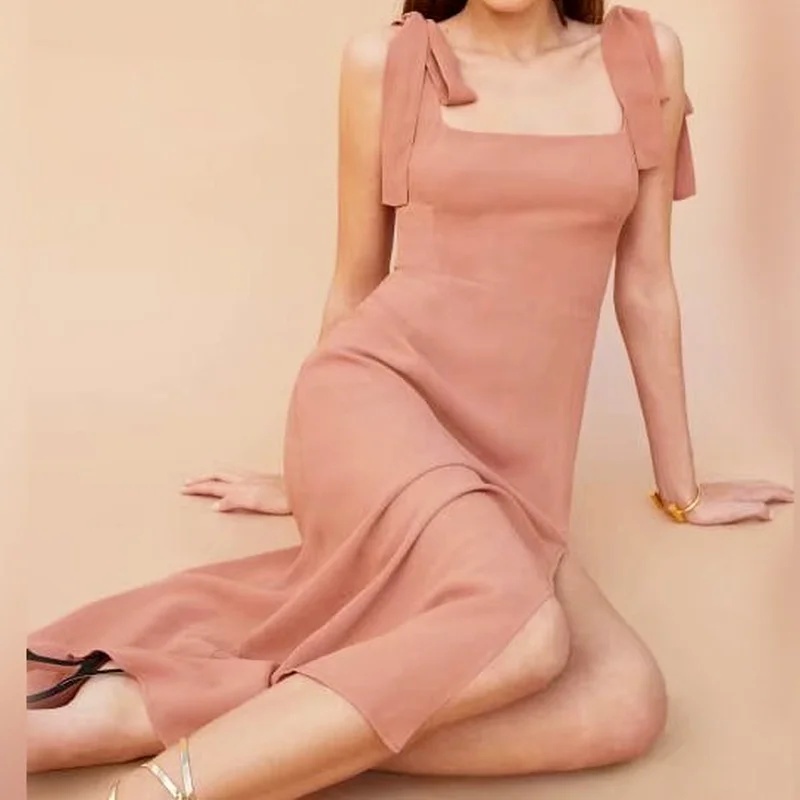 

2023 Summer Women's Retro Tube Top Temperament Strap Suspenders Square Neck Slit Long Skirt A-line Skirt Pink Sexy Chiffon Dress