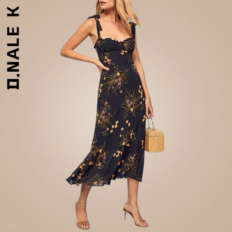 

Женское платье с оборками на подоле D.Nale K, Элегантное летнее пляжное платье с цветочным рисунком, воротником без рукавов, лямками и оборками ...