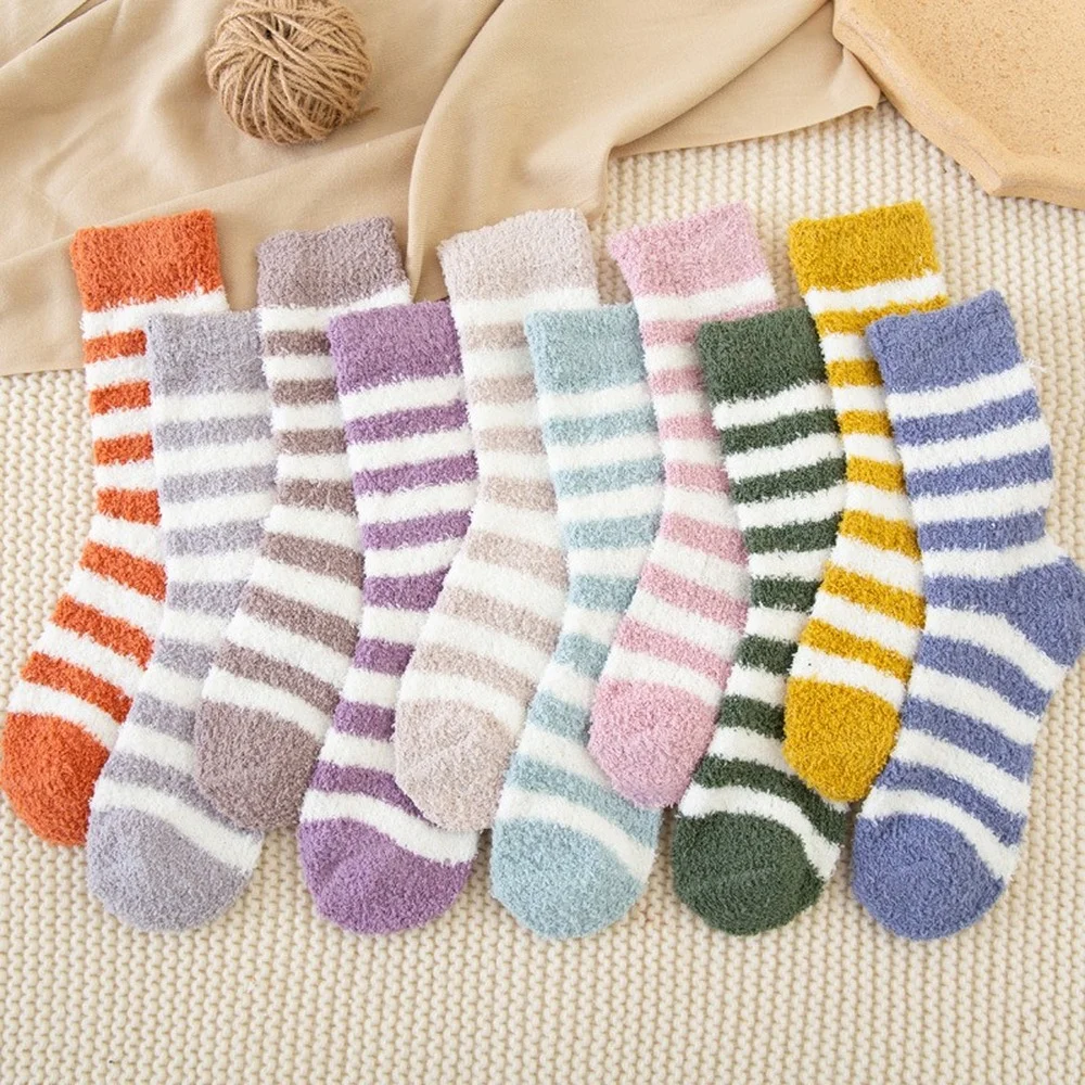 10 Pairs Autumn and Winter Thickened Striped Coral Fleece Socks Women Warm Home Sleeping Socks Mid-tube Plush Floor Socks