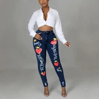 2022 summer new jeans pants for women high waisted printed skinny bodycon fashion elegant basic style denim daily wear trousers