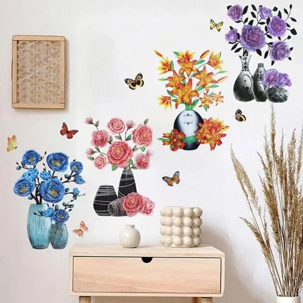 

3D Stereo Wall Stickers Simulation Flower Vase Self-adhesive Wall Aesthetic Romantic Mural For House Room Door Fridge Decals