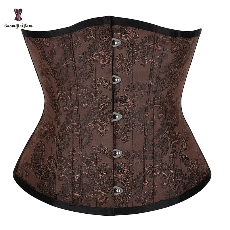 5 Rows Of Metal Busk Closure Brocade Women's Brown Stempunk Underbust Corset Steel Boned Waist Trainer Chest Binder Bustier