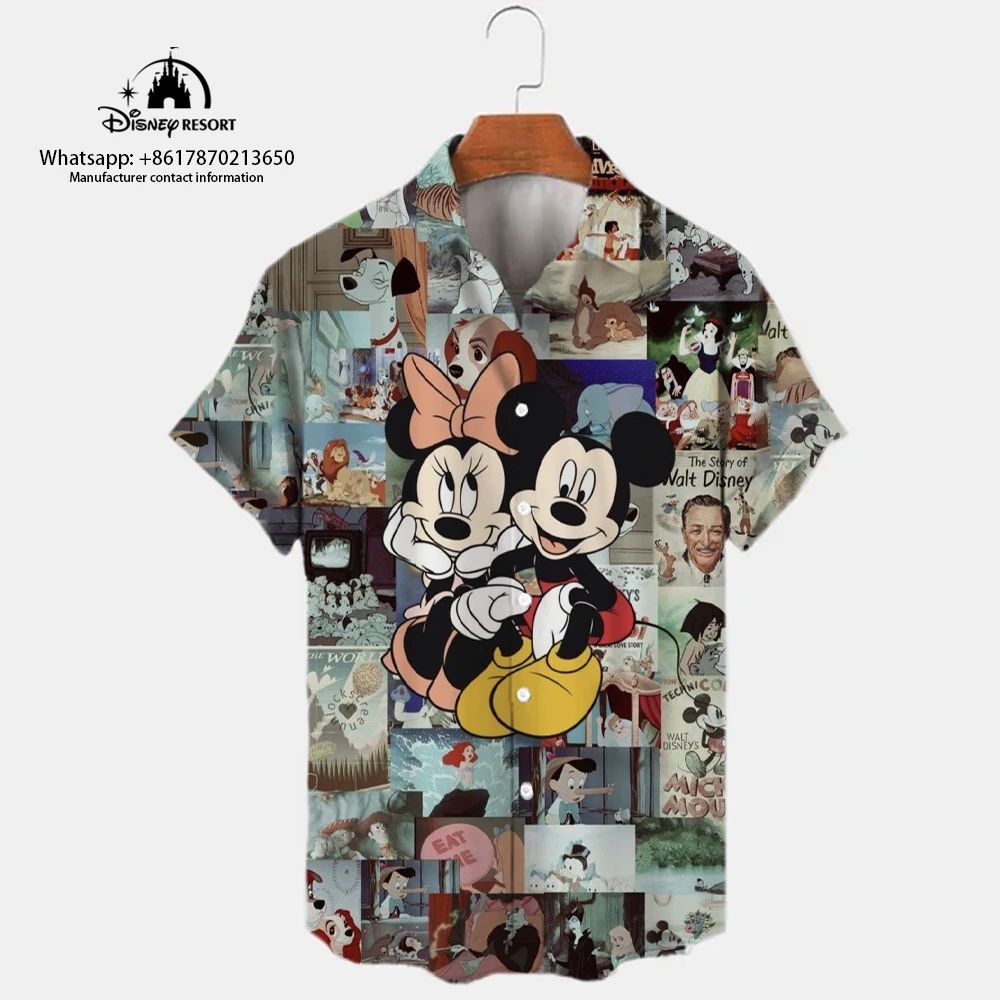 

Мужская приталенная рубашка с коротким рукавом, летняя уличная одежда с 3D принтом Микки и Минни из мультфильма Диснея, облегающие Топы в стиле Харадзюку с лацканами