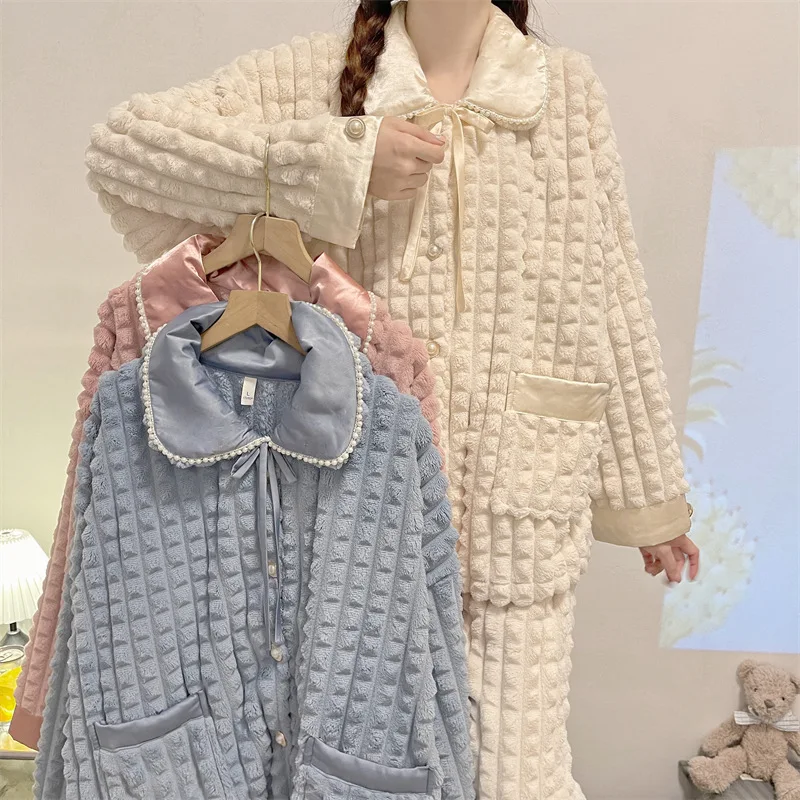 

Японская кавайная одежда для сна, осенне-зимняя утепленная фланелевая Домашняя одежда, пижамы на пуговицах для женщин и девушек, 2 предмета, милая Одежда с бантом, одежда для съемки