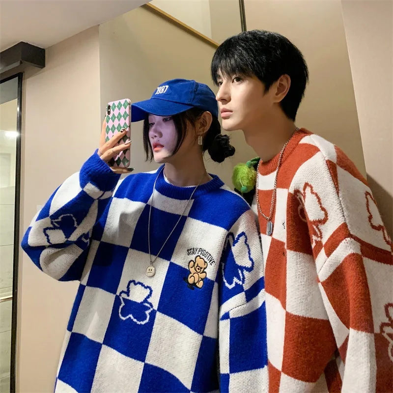 Winter Vintage chessboard cub sweater sweater male ins couple loose Korean fashion Pullover