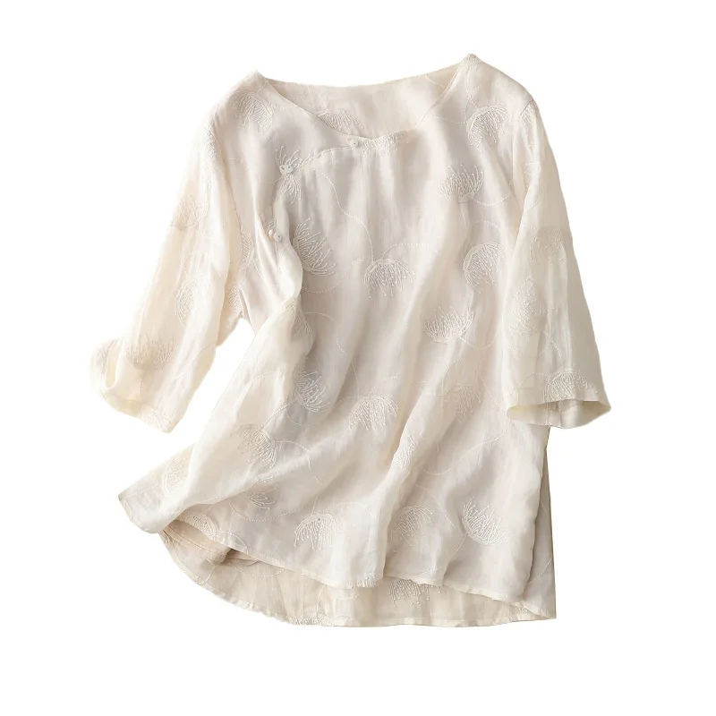 

Cotton Linen Shirt 2023 Summer New Chinese Slant Front Shirt Middle Sleeve Sleeve Embroidery Top Female