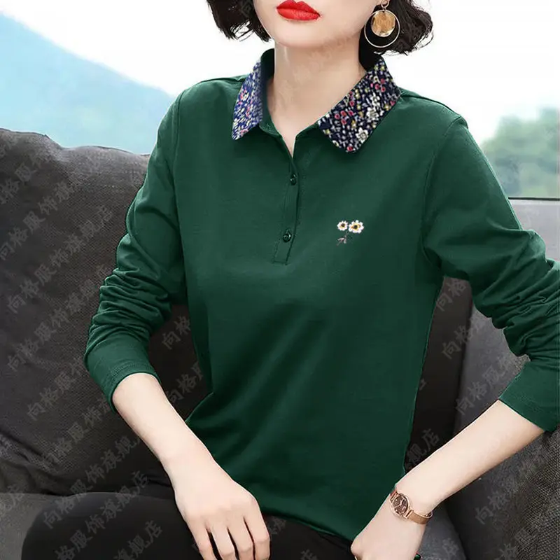 

Vintage Printing Lapel Spliced Button Oversized T-shirt Women Clothing 2022 Autumn Casual Pullovers Tops Office Lady Polo Shirts