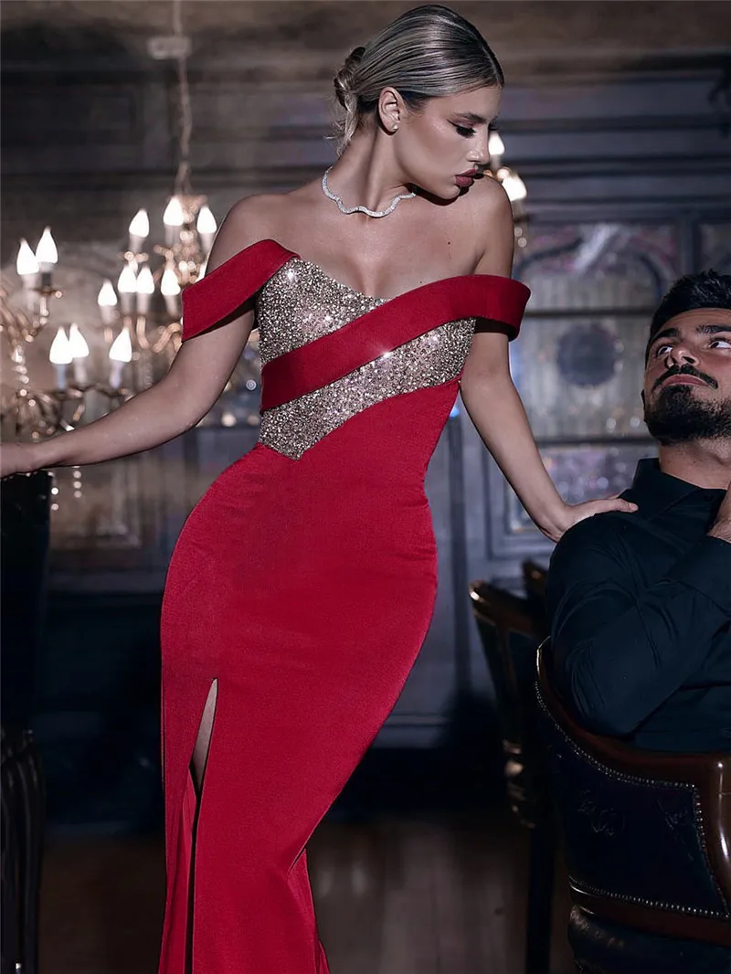 

Sexy Off Shoulder Woman Bandage Dress Luxury Diamonds Patchwork Slim Women Outfits Fashion Summer Knitted Dress Party Club