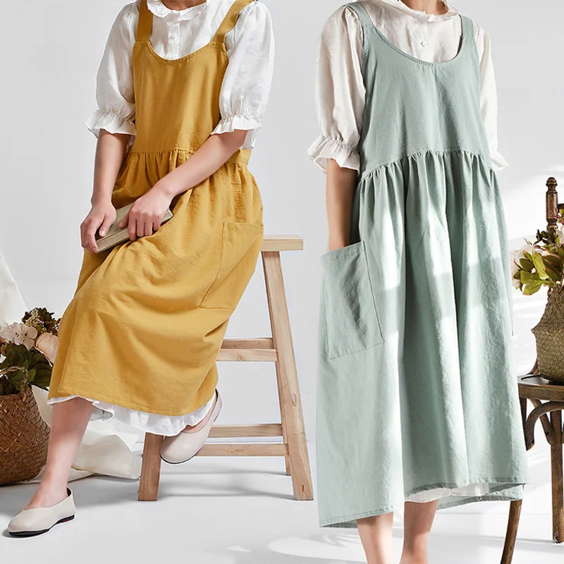 

Cotton Linen Aprons Cross Back Work Apron for Women with Pockets Dress Chef Gardening Kitchen Cooking Home Baking Grilling Cafe