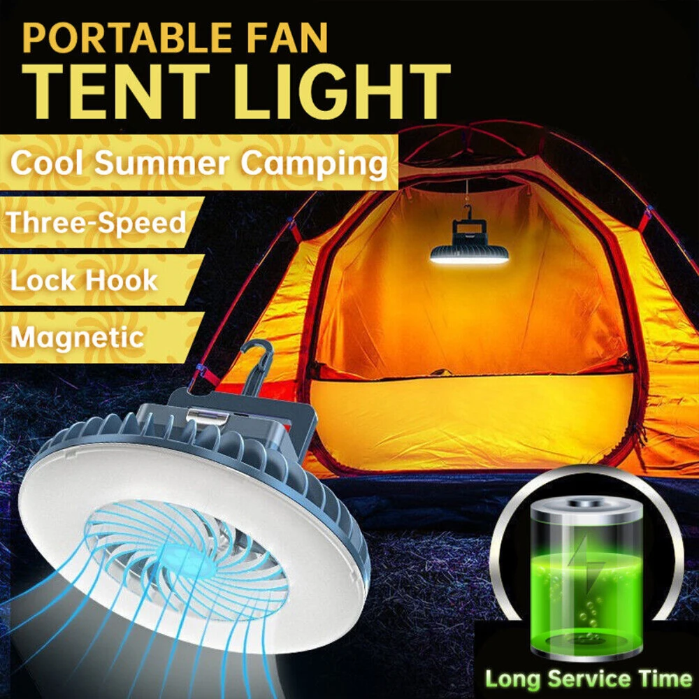 

2in1 LED Multifunctional Tent Fan Light USB Rechargeable Outdoor Portable Camping Lamp Emergency Light Hiking Lantern Waterproof