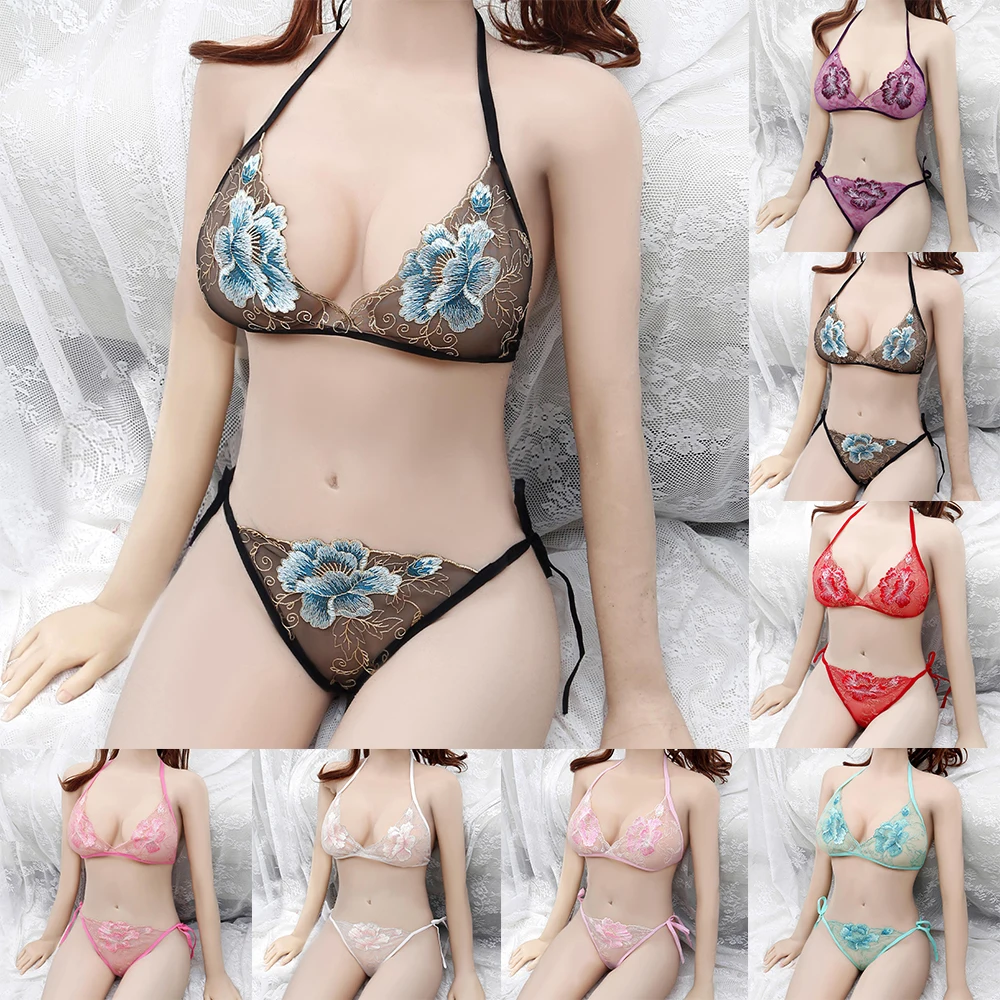 

Womens Lace Flowers Push Up Bra See-Through Semitransparent G-String Thong Breathable Bodydoll Lingerie Set Women Underwear Set
