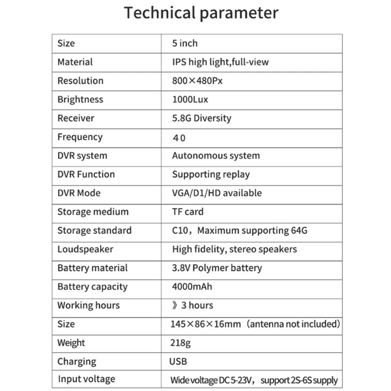5-дюймовый FPV-монитор 5 8G 40CH разнообразный приемник с DVR 4000 мАч дрона для