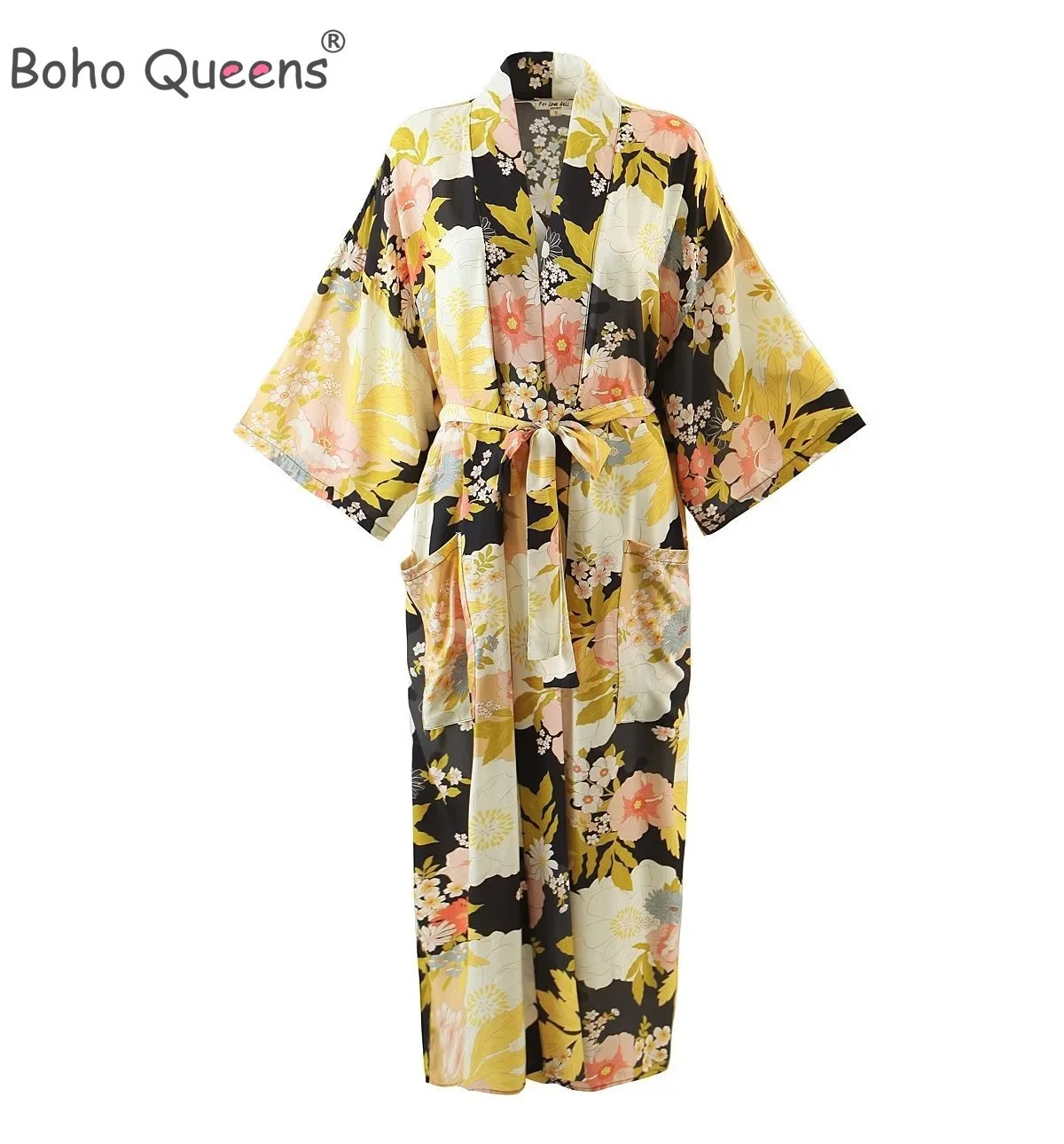 

Boho Queens Vintage Women Floral Print Sashes Bohemian Kimono Ladies V Neck Batwing Sleeves Rayon Robe Bikini Cover-ups