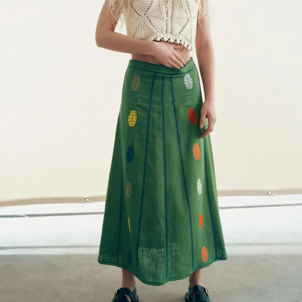 

Women 2022 Fashion Linen-blend embroidered cape Midi Skirt Vintage High Waist Side Zipper Female Skirts Beach Style Dress