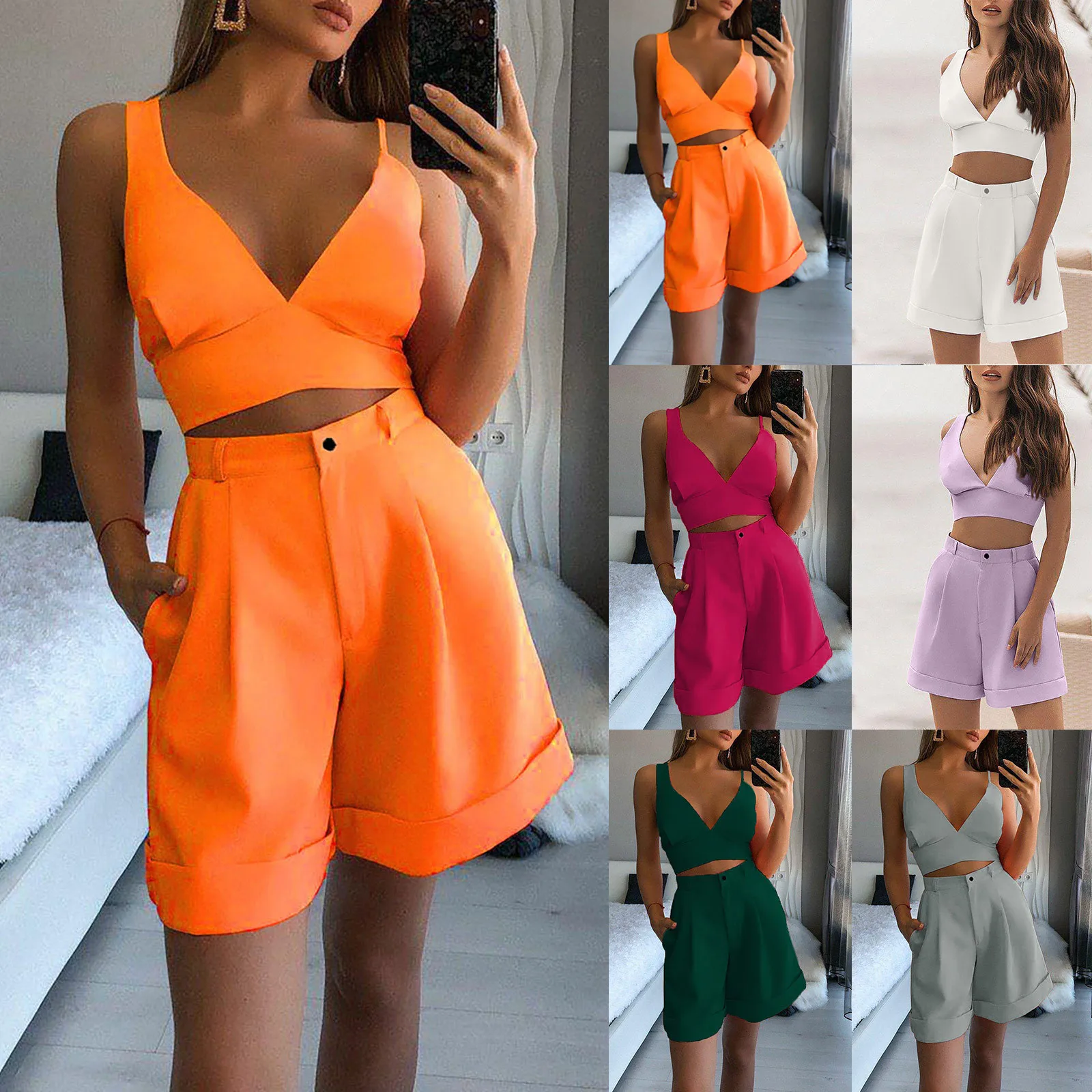 

2pcs/set Sexy Women Sleeveless Strap Bra Bustiers Tank Vest Crop Tops High Waist Shorts Pants Trousers Tracksuit Summer 2022