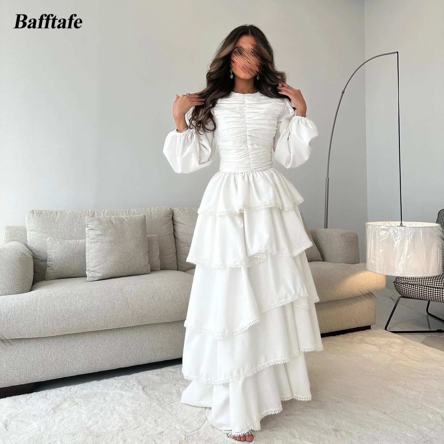 

Bafftafe Modest Long Sleeves Saudi Arabic Prom Gowns Women Layered Skirt Lace Evening Dresses Pleated Formal Bride Wedding Dress
