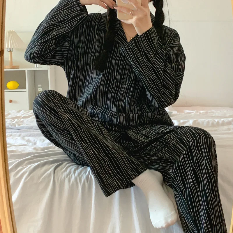 Ins Style Spring Autumn New Ladies Striped 2 Pieces Long Sleeve Pajamas Fashion Nightwear Women Chic Casual Homewear