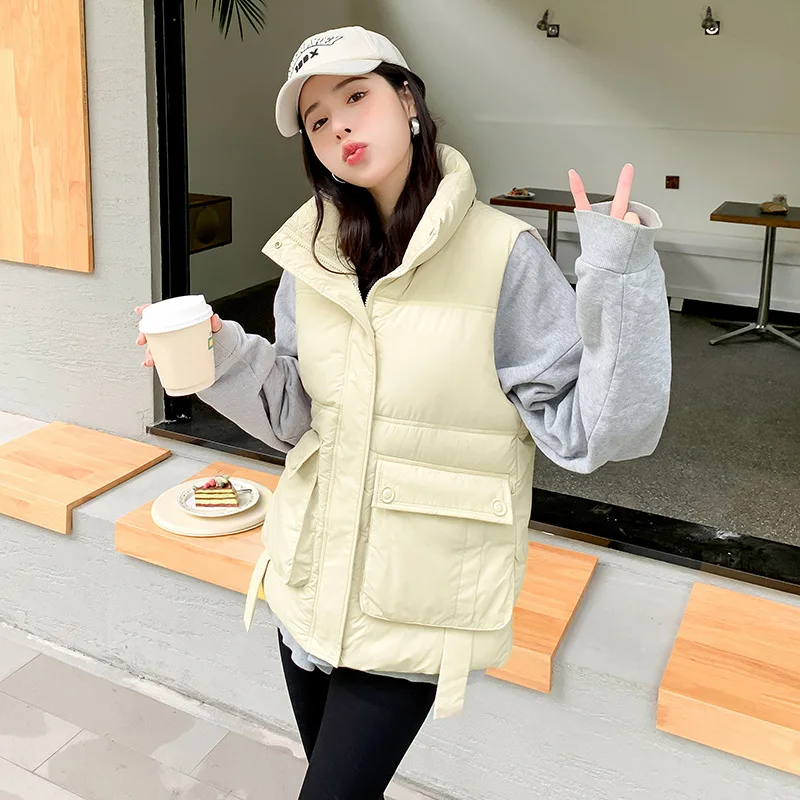 GRELLER 2023 Winter Women Vest Coat Stand Collar Big Pocket Sleeveless Thicken Warm Padded Waistcoat Female Casual Vest Jacket