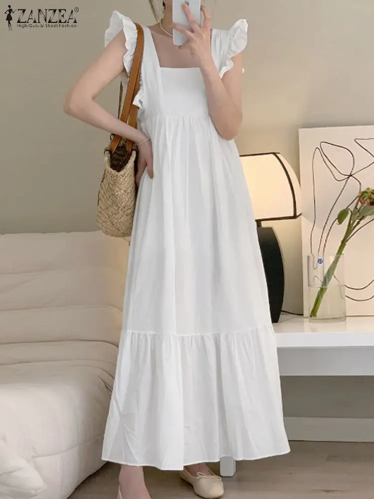 

Fashion Summer Sleeveless Sundress 2022 ZANZEA Women Ruffles Casual Long Dress Elegant Solid Holiday Beach Vestidos Sarafans