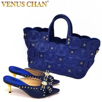 venus chan navy blue color pointed stiletto simple design ladies shoes party shoes bag friend shoes with bag madam handbags