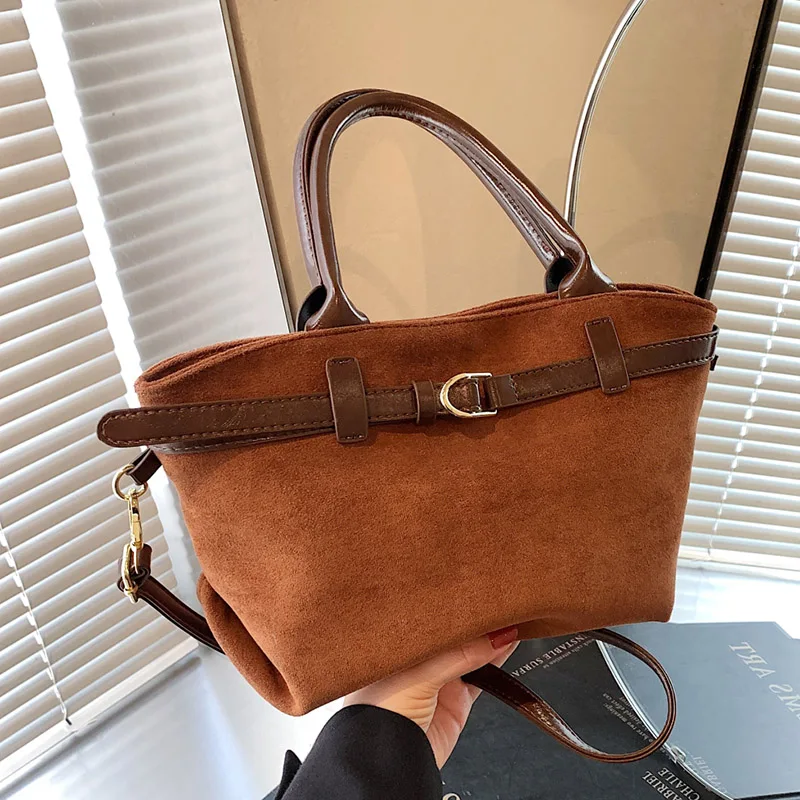 Пригородные сумки с верхней ручкой для женщин искусственная замша коричневая