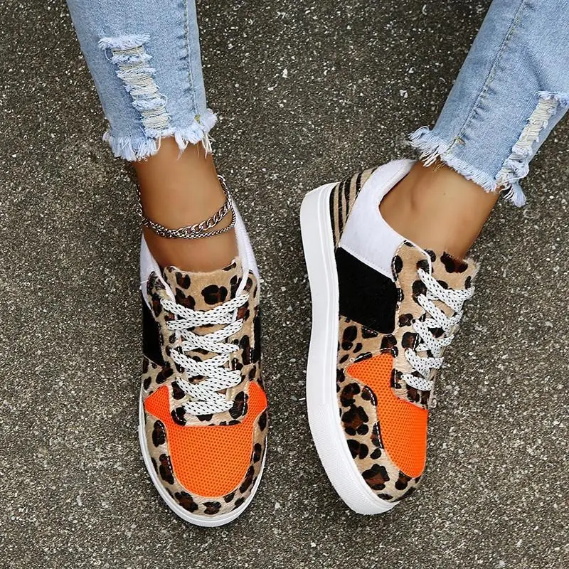 New Women's Casual Shoes Stylish Leopard Print Lace-Up Colorblock Sneakers Platform Comfort Vulcanized Shoes Tenis Respiravel