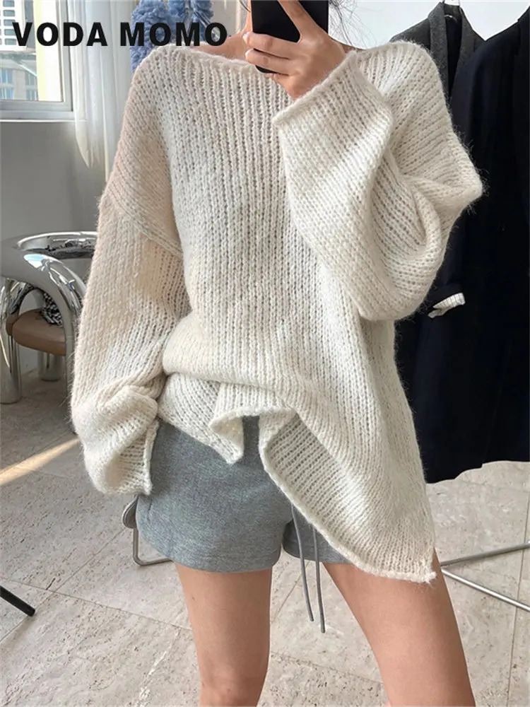 

Autumn Winter New Streetwear Long Loose Knitted Sweater Solid Color Women Fashion Pullovers Female Casual Harajuku sweater