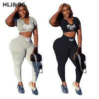 hljgg summer casual pink letter print two piece sets women short sleeve top and skinny pants tracksuits famale 2pcs outfits