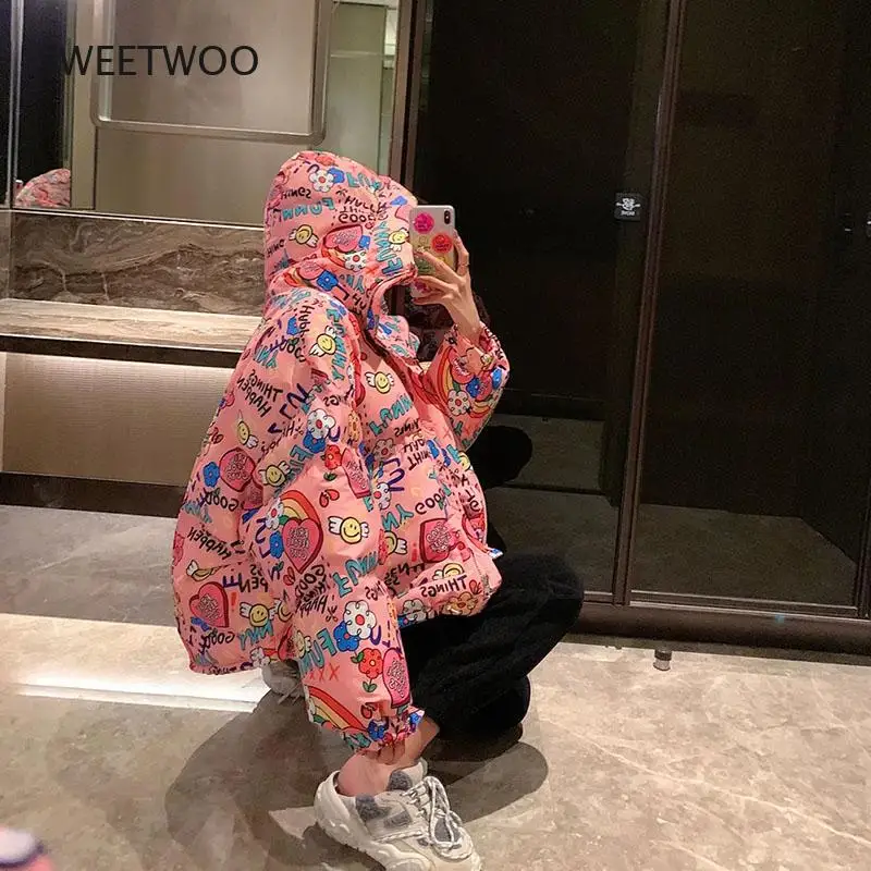 2022 Women Winter Jacket New  Cotton-Padded Women Short Jacket Printed Loose  Thickened Fashionable Student Trendy Jacket