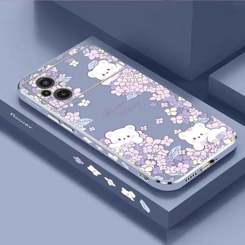 Flower Bush Bear Luxury Plating Phone Case For Xiaomi Poco M5 F4 F4 GT X4 X4 GT M4 Pro F3 X3 M3 X3 NFC X2 X3 Pro C40 Cover