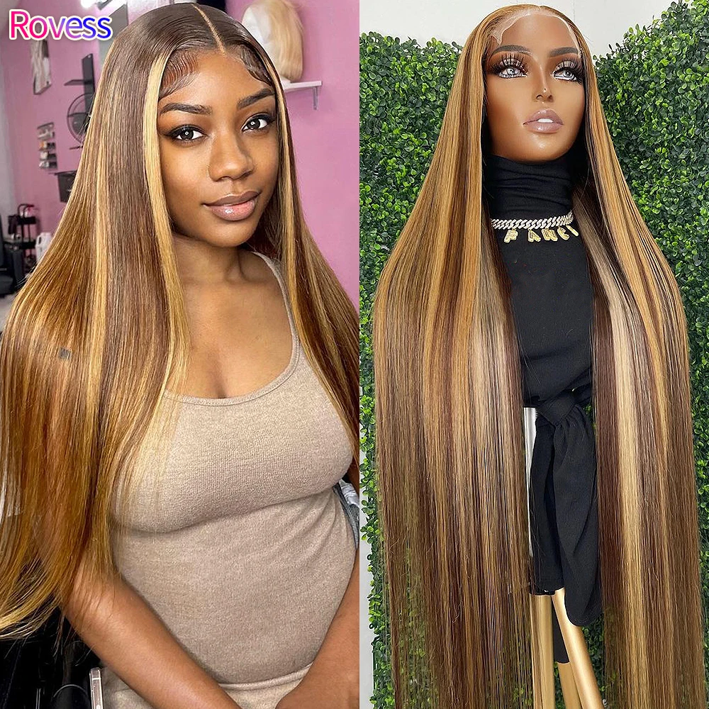 

Rovess 4/27 Highlight Straight Wigs 13x4 Lace Frontal Human Hair Wigs 210 Density Brazilian PrePlucked Baby Hair Wigs 30inches