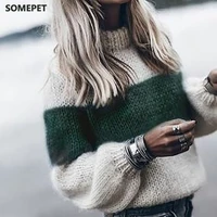 women loose knitted sweater autumn winter o neck striped fuzzy fluffy sweater pullovers vintage long sleeve patchwork sweater